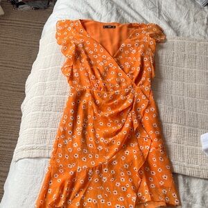 Mango Orange Floral Ruffle Mini Dress